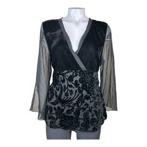 NWT Worthington Black Floral Women's blouse 3/4 sheer sleeve silk/velvet pattern